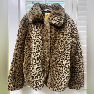 Girls' C&C faux-fur leopard-print jacket.